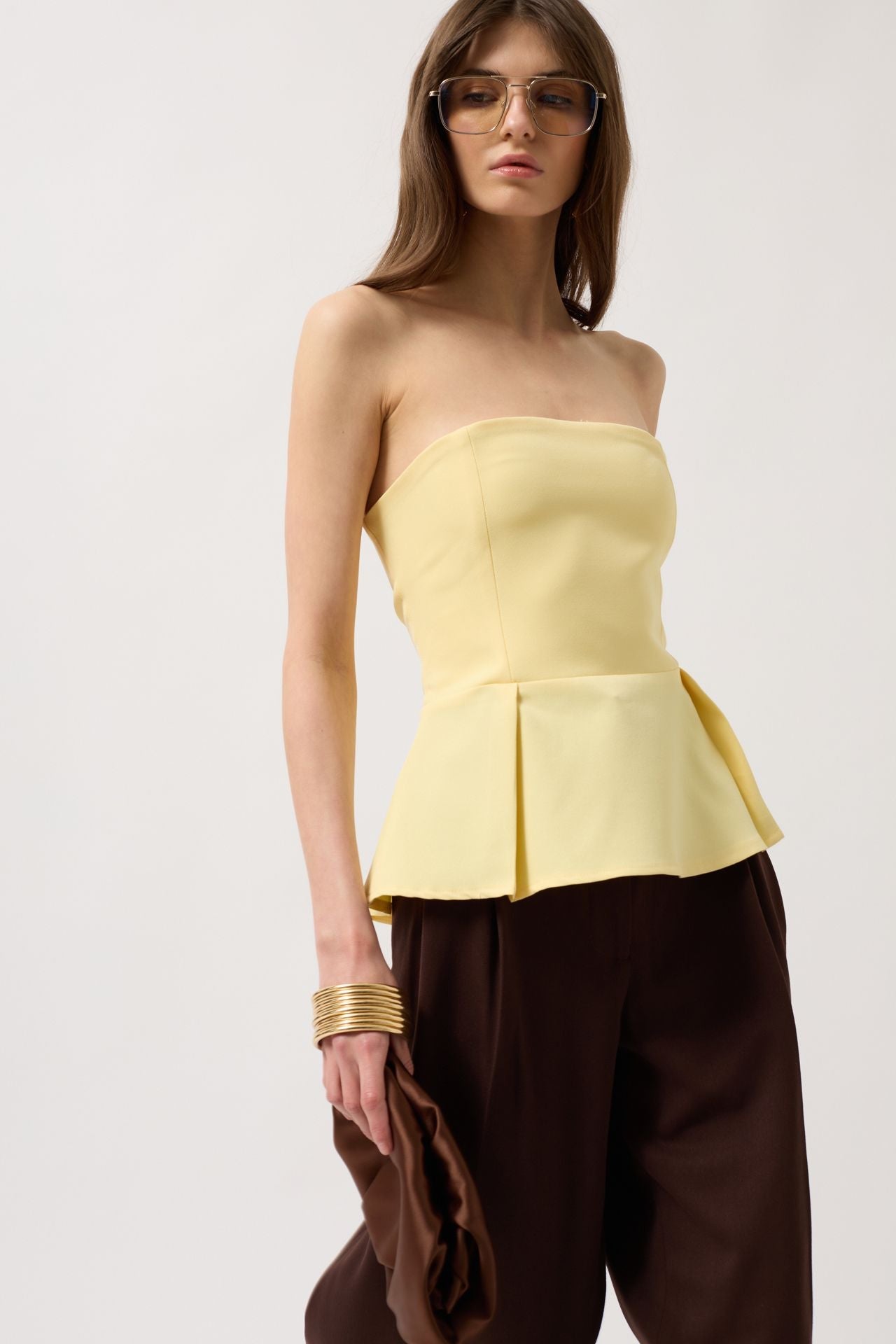 Pleated Strapless Yellow Blouse
