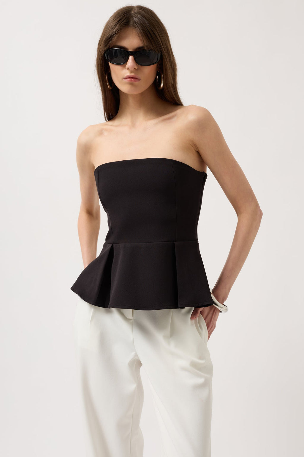 Pleated Strapless Black Blouse