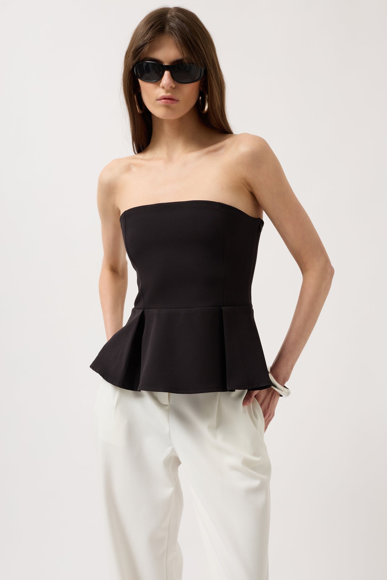 Pleated Strapless Black Blouse