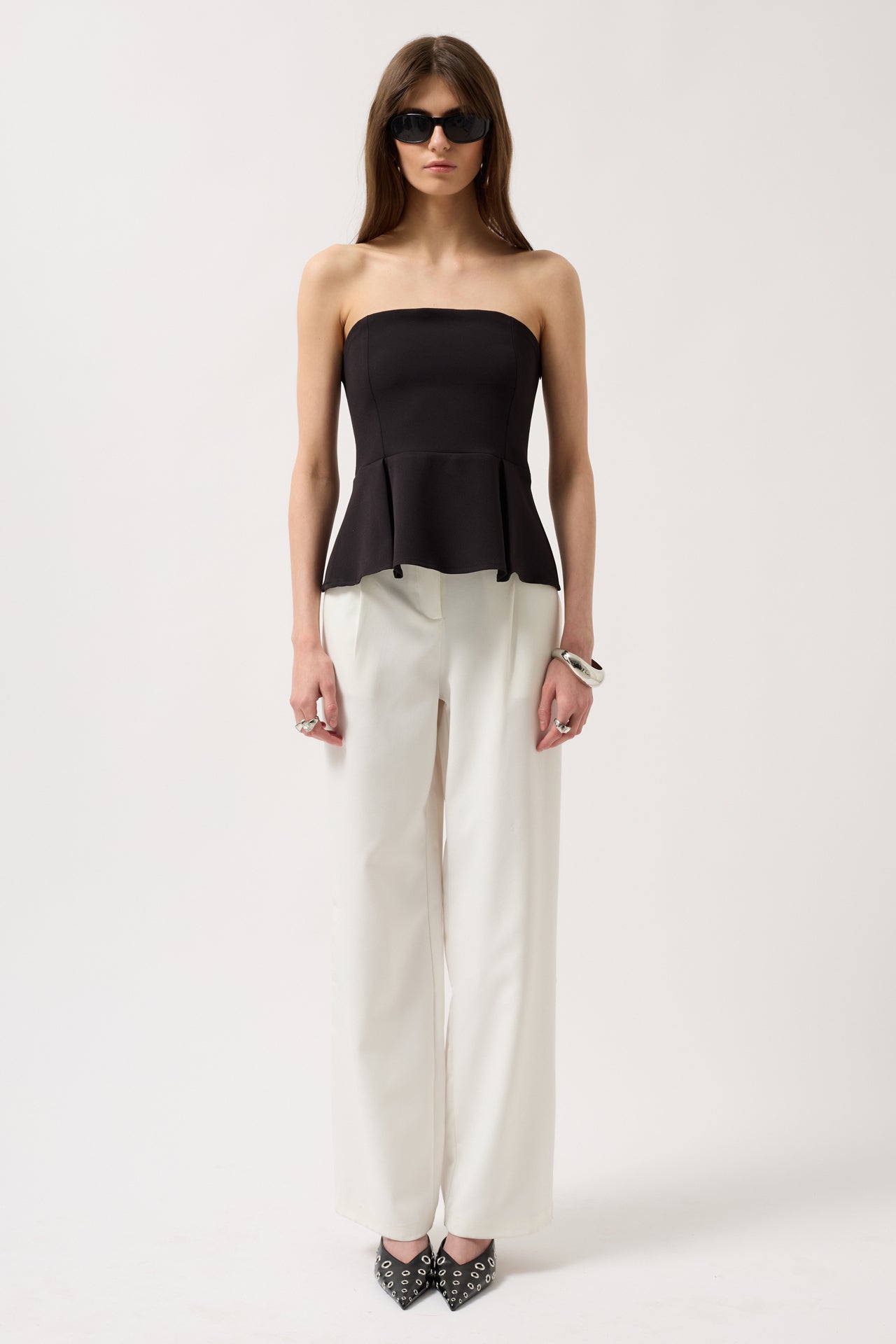 Pleated Strapless Black Blouse
