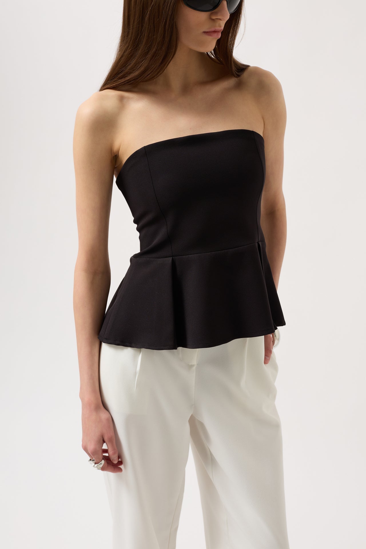 Pleated Strapless Black Blouse