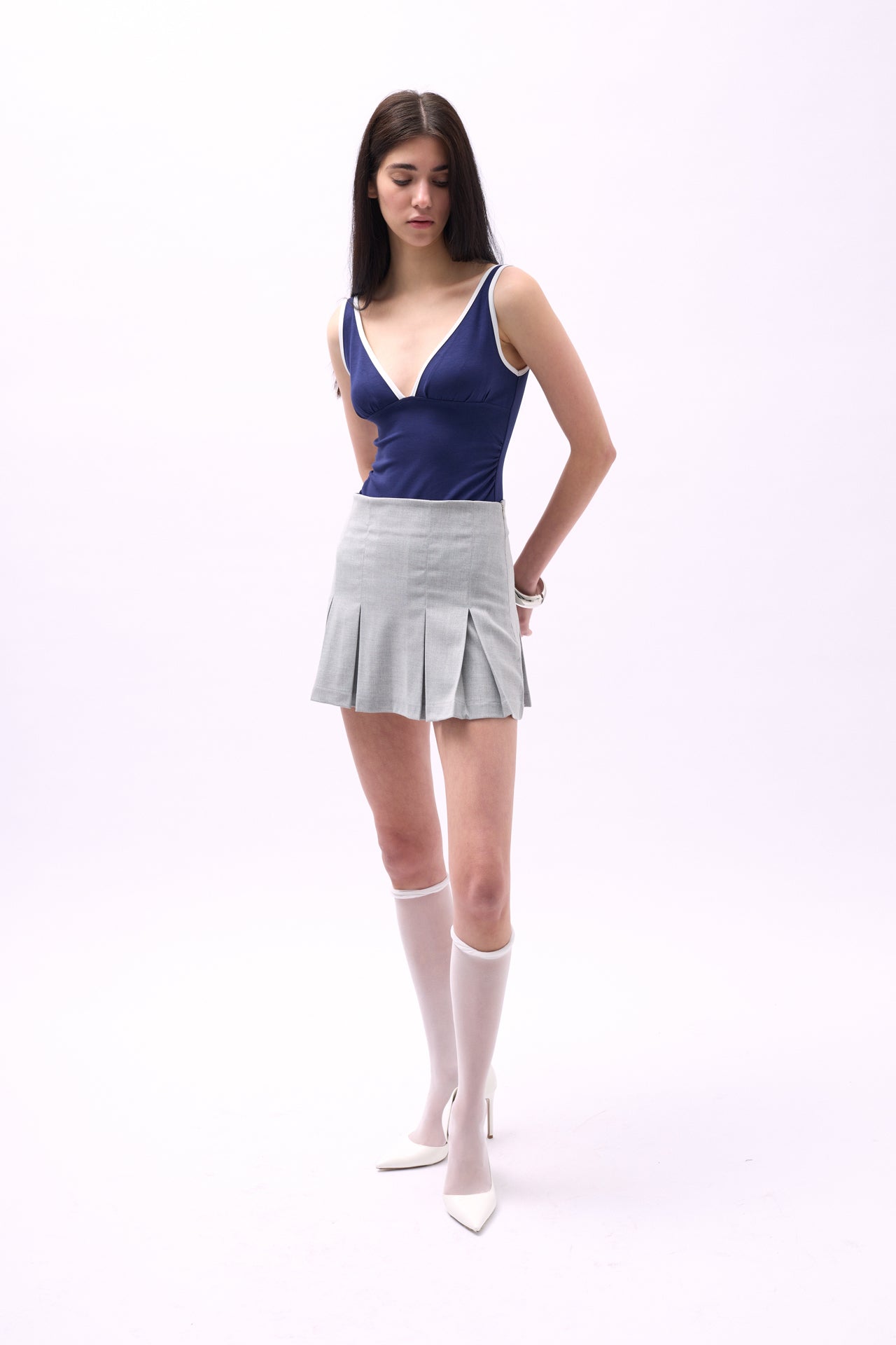 Pleated High Waist Mini Gray Skirt