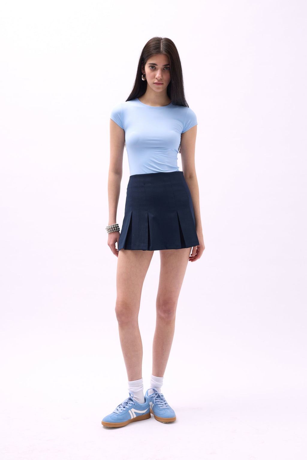 Pleated High Waist Mini Navy Skirt