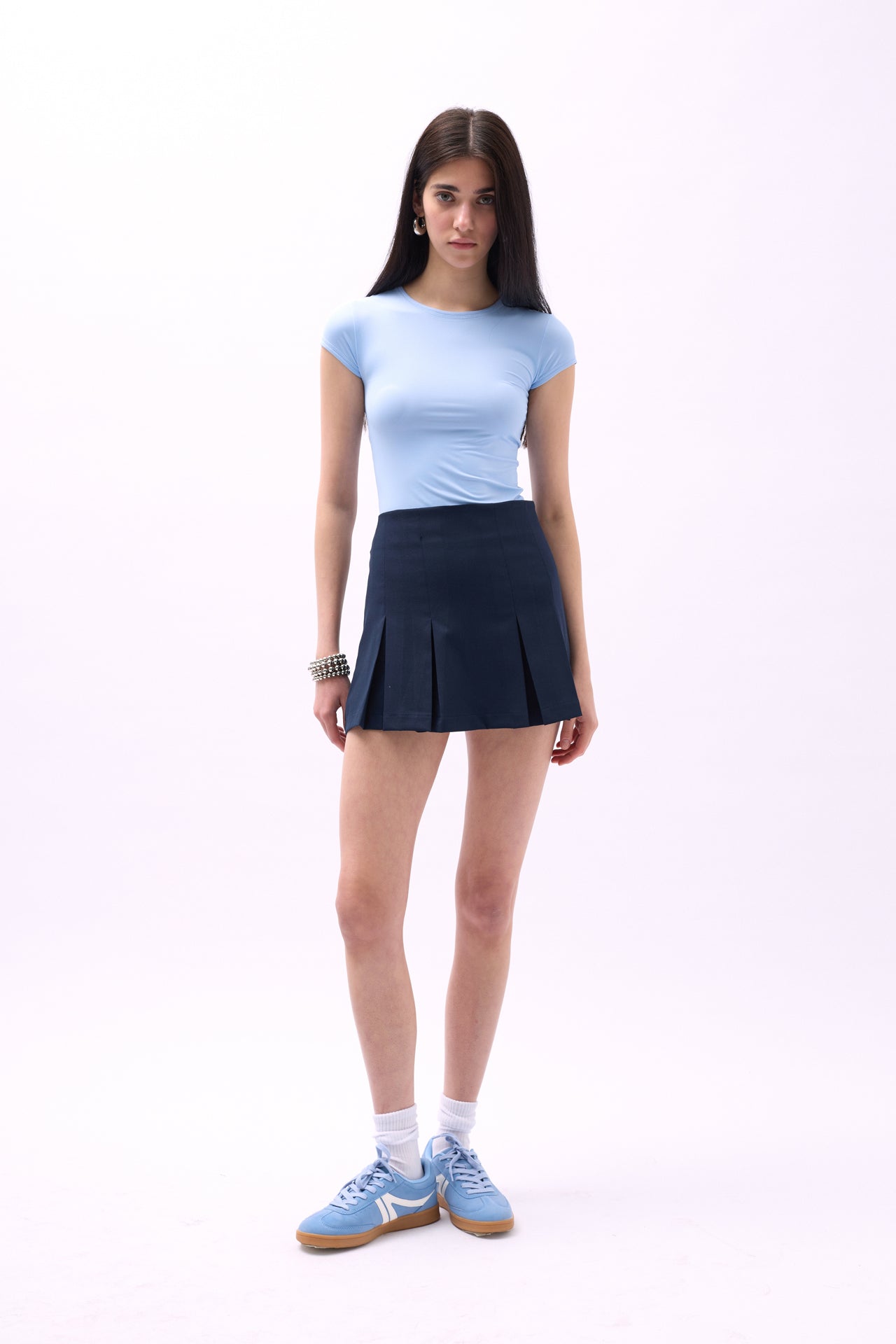 Pleated High Waist Mini Navy Skirt