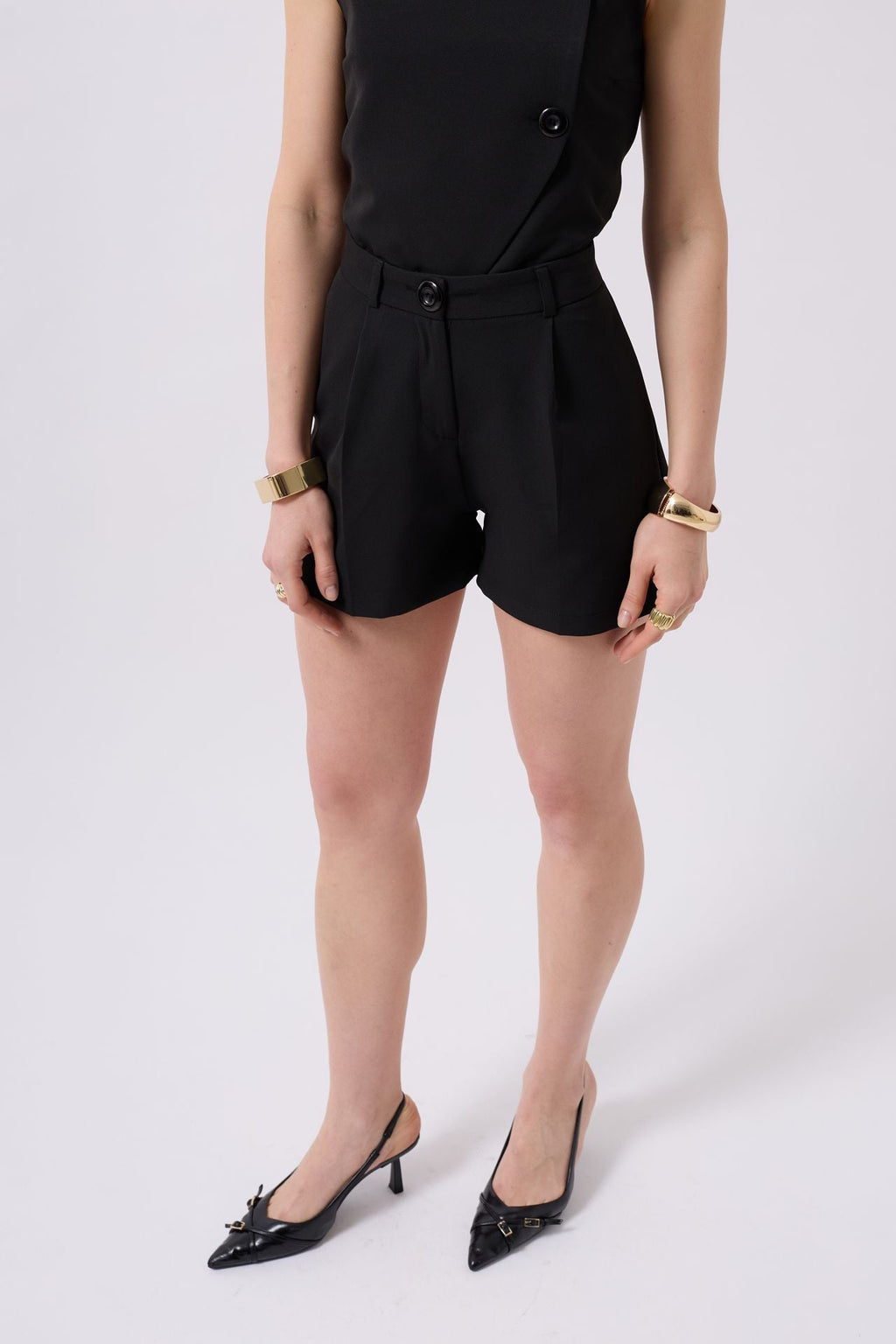 Pleated High Waist Black Shorts