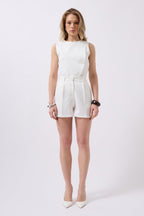 Pleated High Waist White Shorts