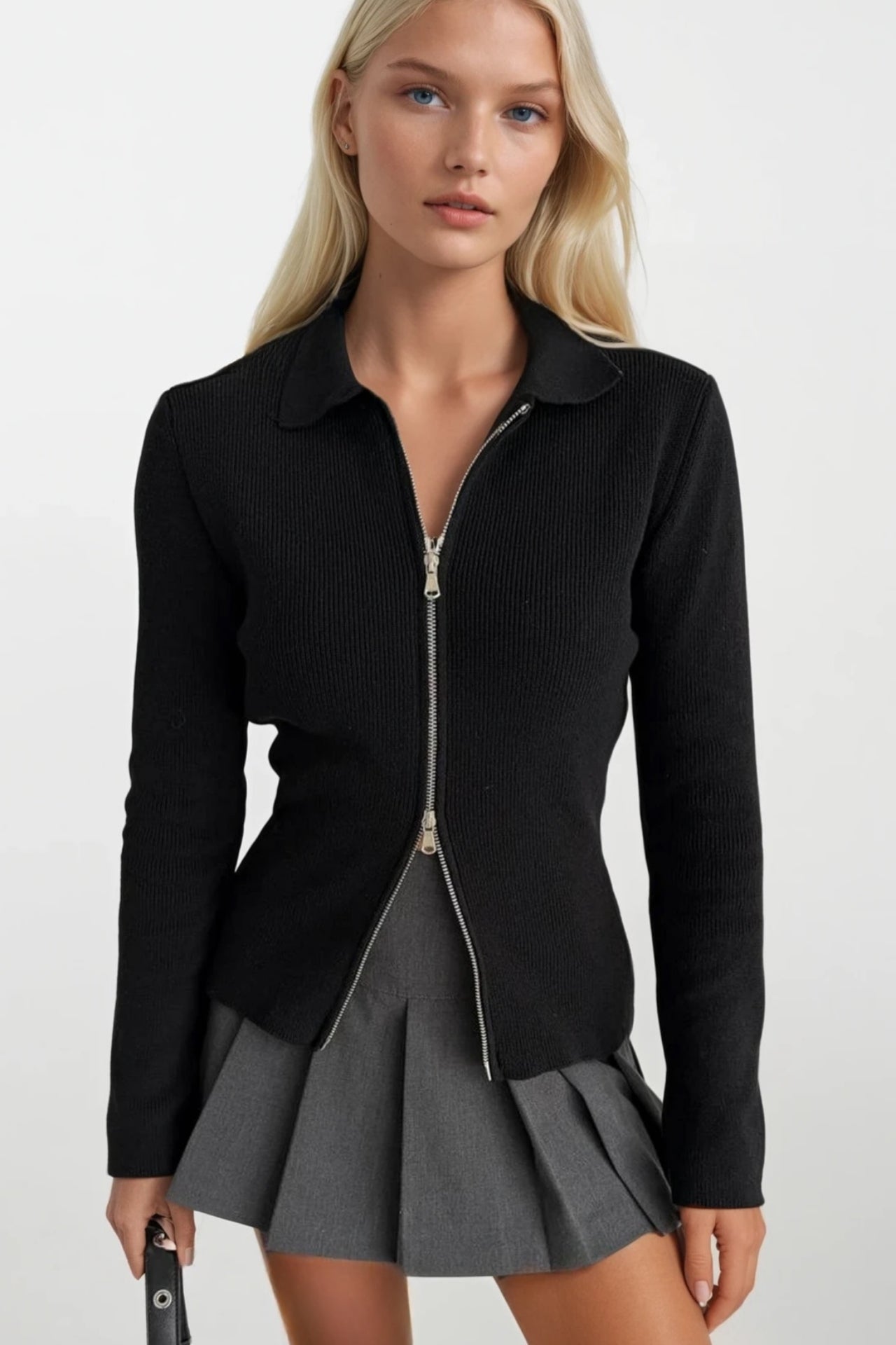 Polo Collar Double-Zip Black Knit Blouse