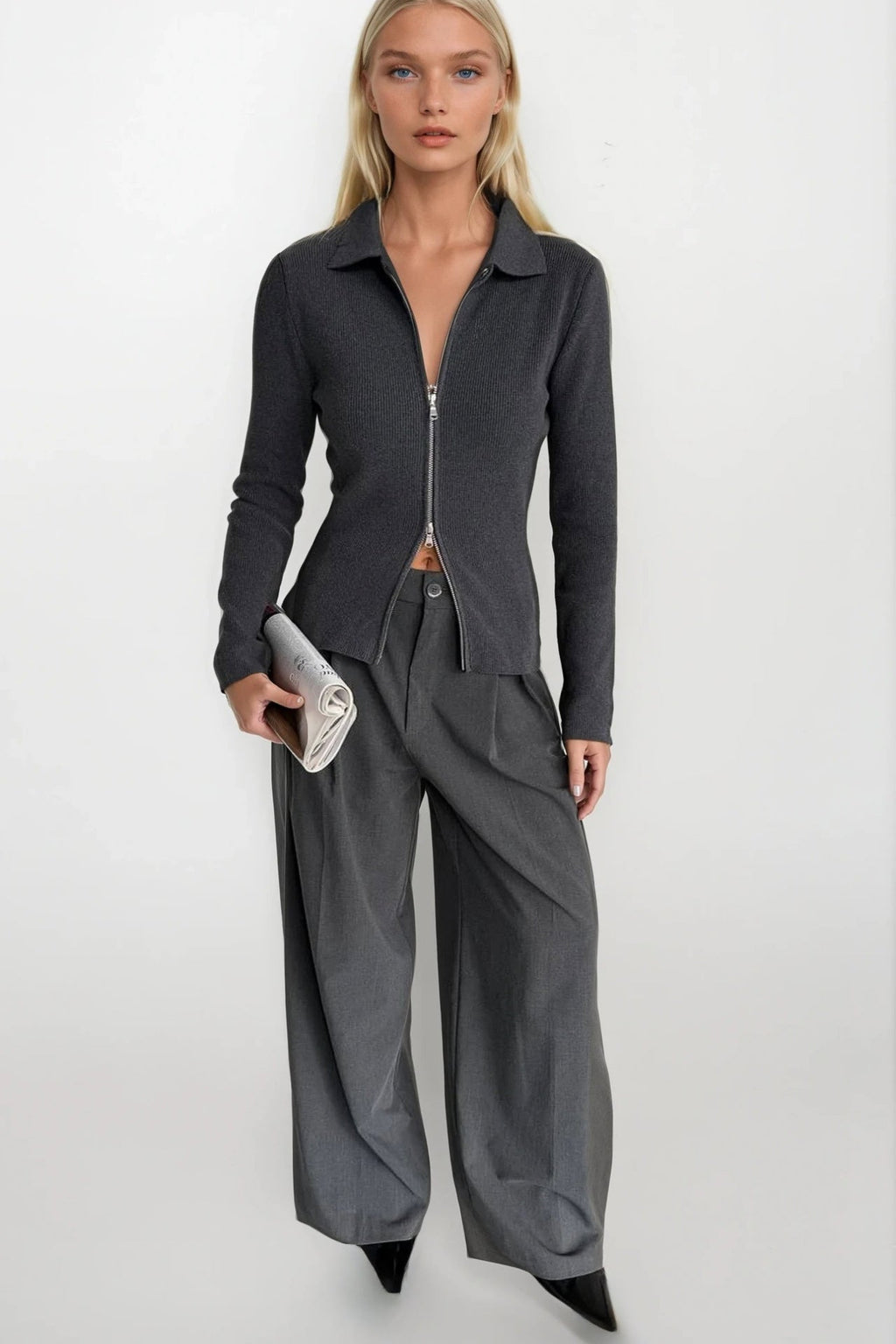 Polo Collar Double-Zip Gray Knit Blouse