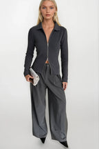 Polo Collar Double-Zip Gray Knit Blouse