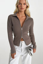 Polo Neck Double Zip Beige Knit Blouse