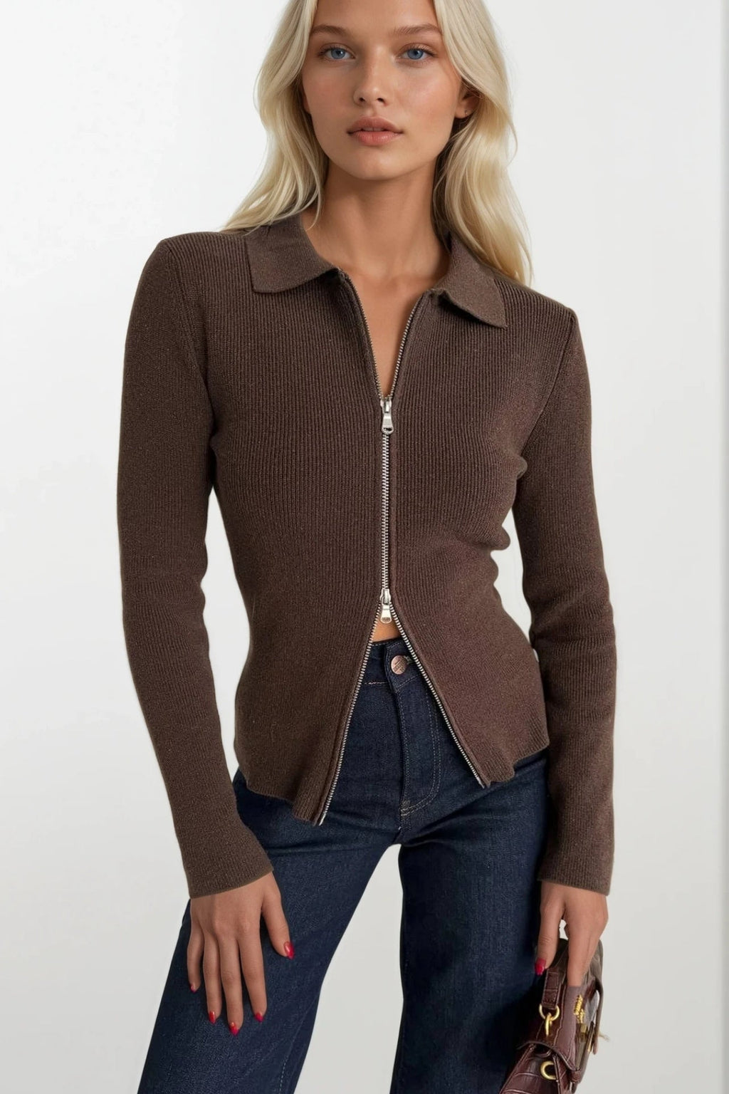 Polo Collar Double-Zip Brown Knit Blouse