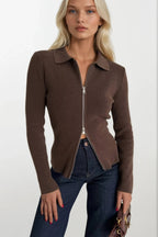 Polo Collar Double-Zip Brown Knit Blouse