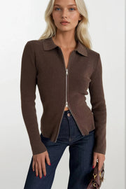 Polo Neck Double Zipper Brown Knit Blouse