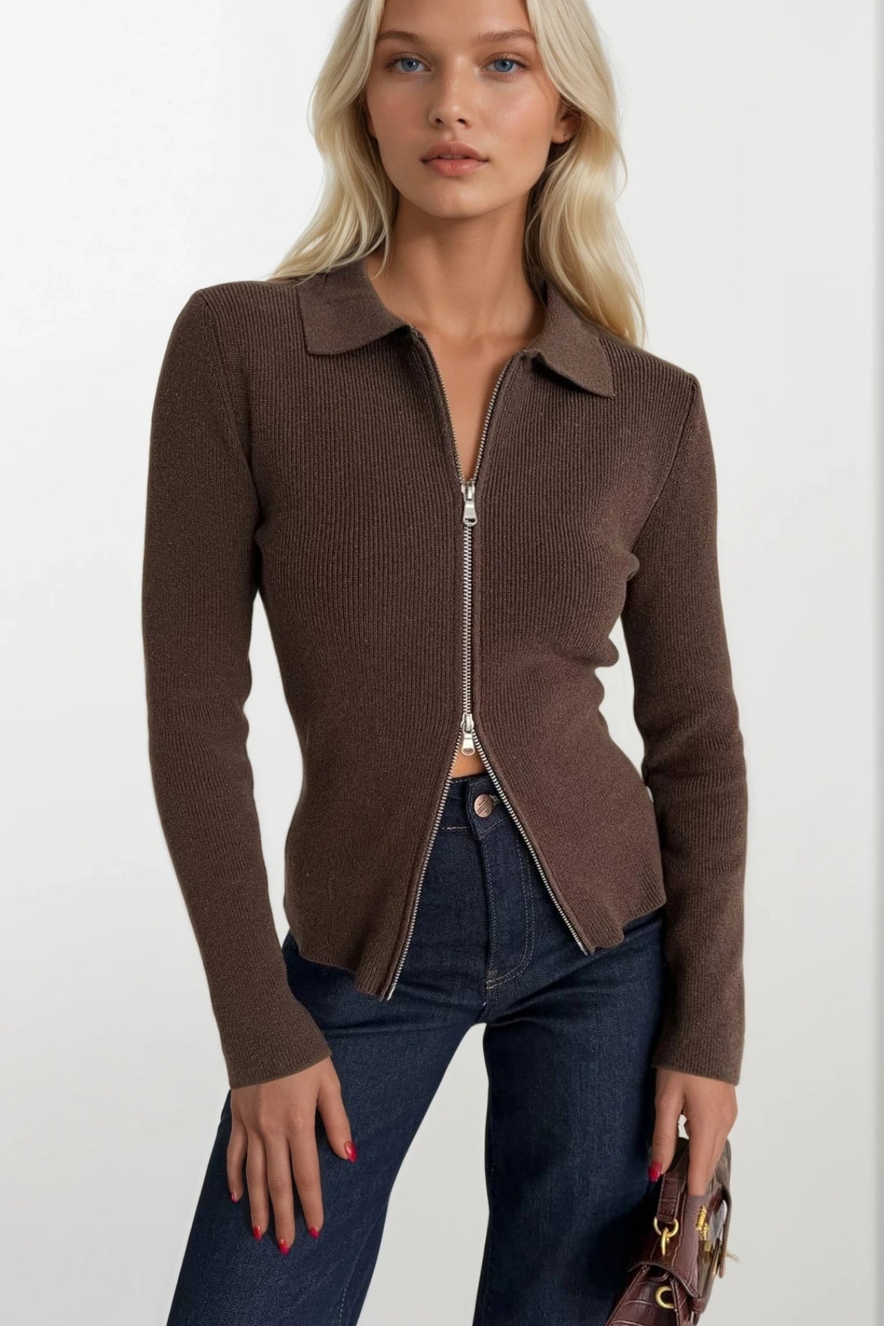 Polo Collar Double-Zip Brown Knit Blouse