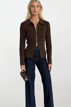 Polo Collar Double-Zip Brown Knit Blouse