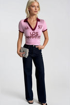 Polo Collar Double Color Printed Pink Crop T-Shirt