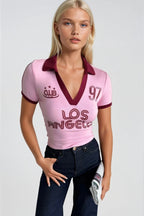 Polo Collar Double Color Printed Pink Crop T-Shirt