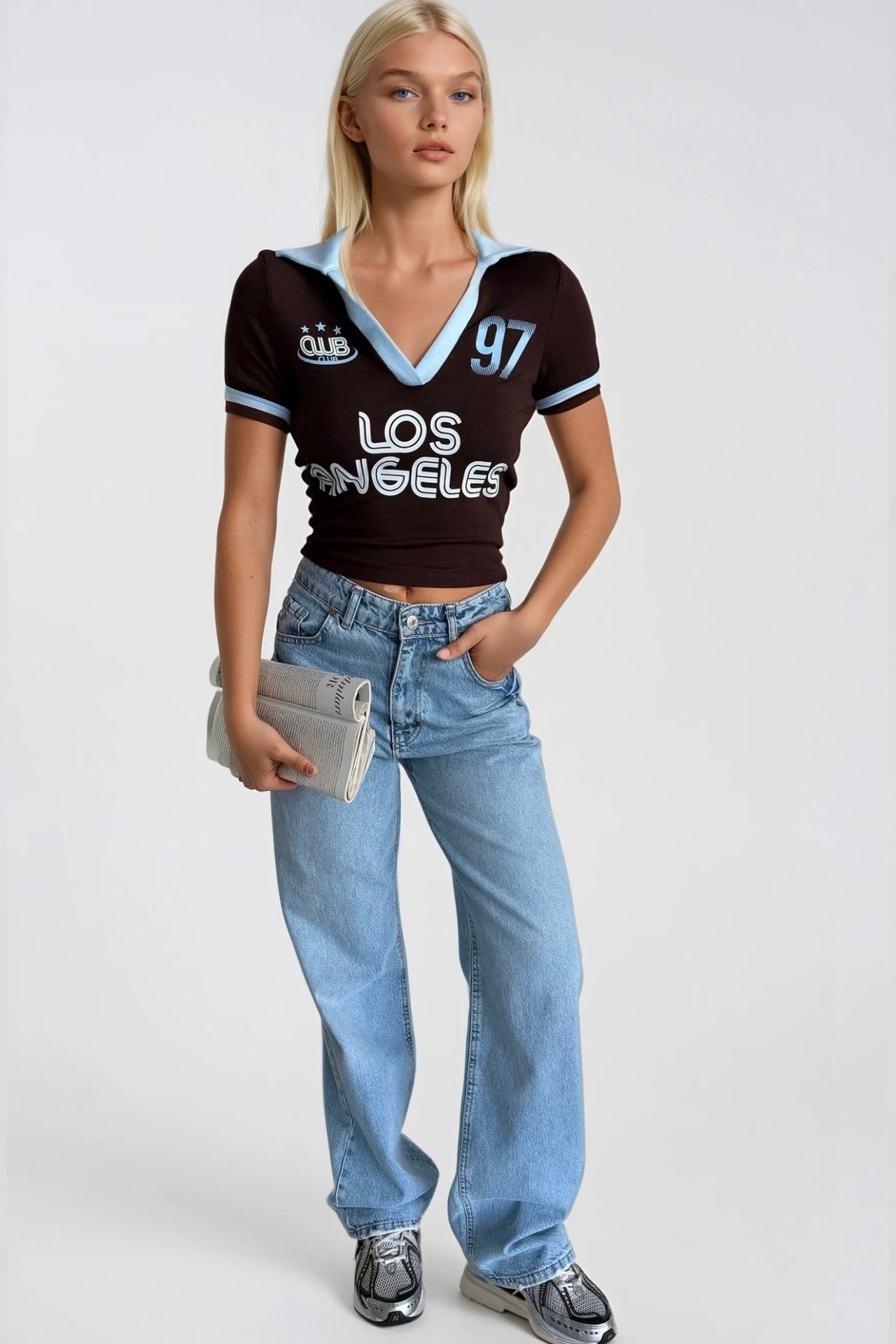 Polo Collar Double Color Printed Brown Crop T-Shirt
