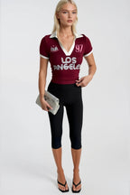 Polo Collar Double Color Printed Burgundy Crop T-Shirt