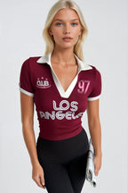 Polo Collar Double Color Printed Burgundy Crop T-Shirt