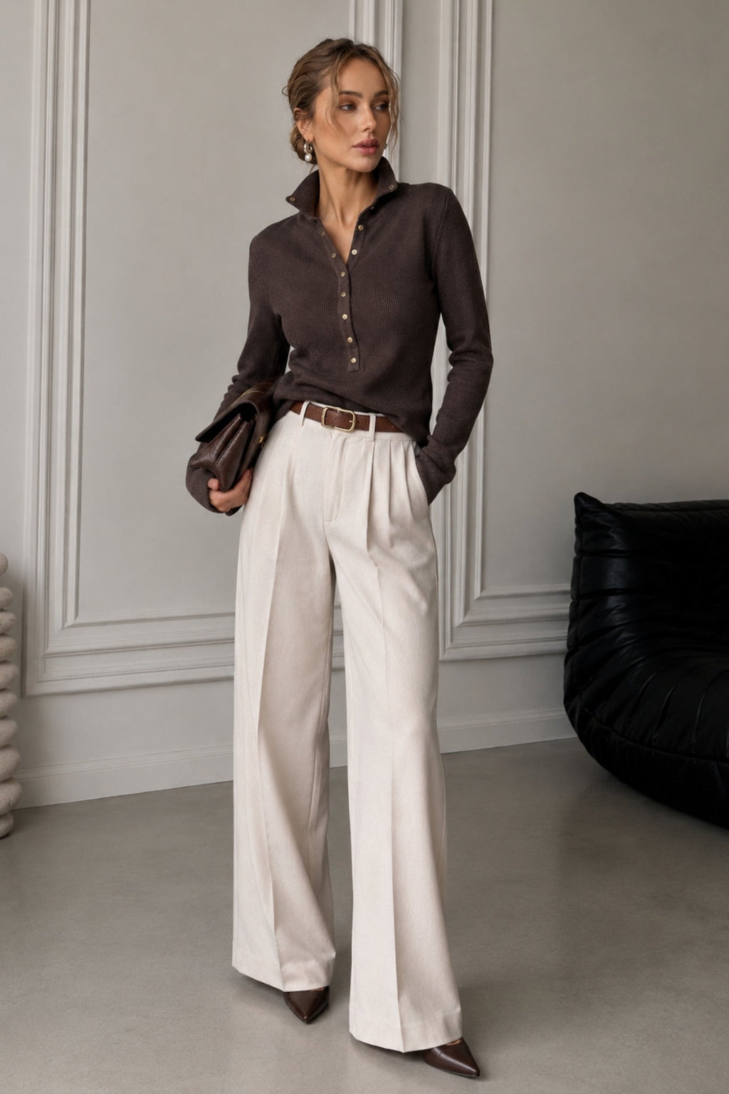 Polo Collar Snap-Button Brown Knit Blouse