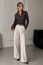 Polo Collar Snap-Button Brown Knit Blouse