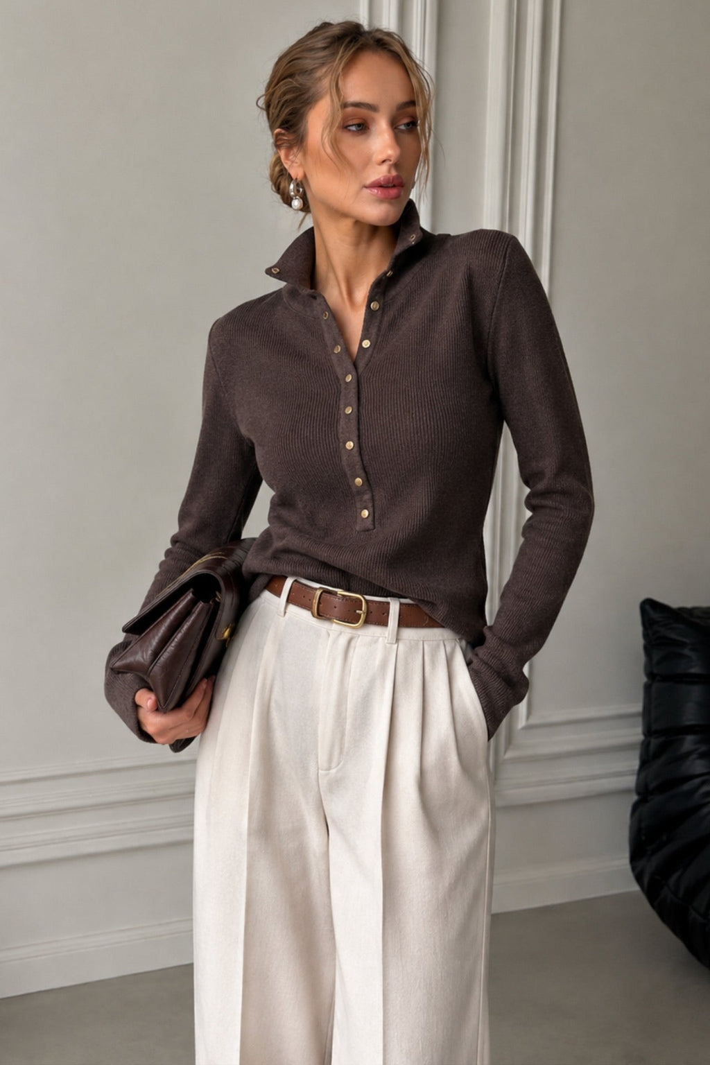 Polo Collar Snap-Button Brown Knit Blouse