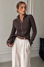 Polo Collar Snap-Button Brown Knit Blouse