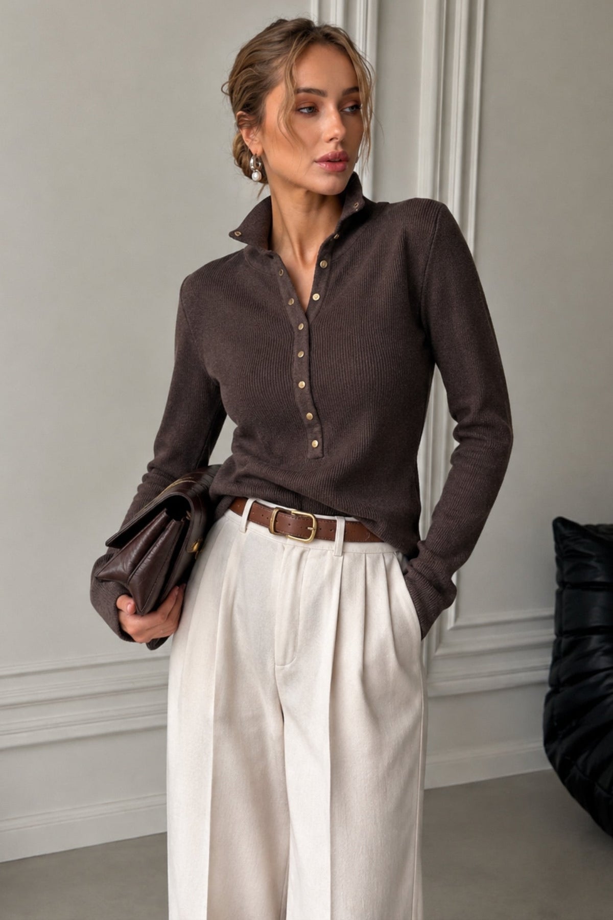 Polo Collar Snap-Button Brown Knit Blouse