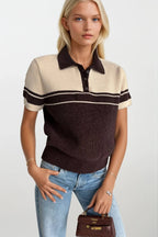 Polo Collar Striped Velvet-Textured Brown Knit Blouse