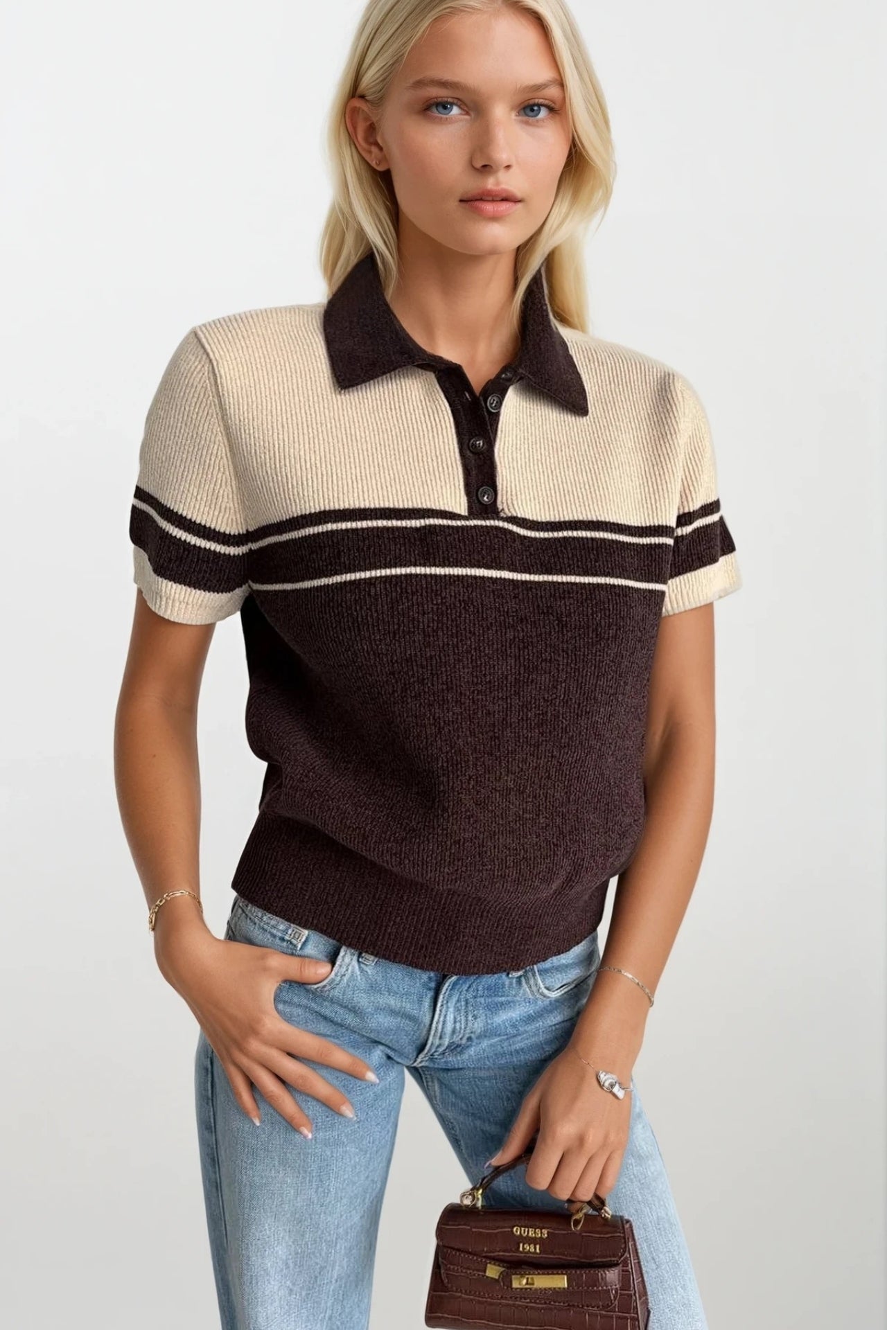 Polo Collar Striped Velvet-Textured Brown Knit Blouse