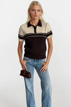 Polo Collar Striped Velvet-Textured Brown Knit Blouse