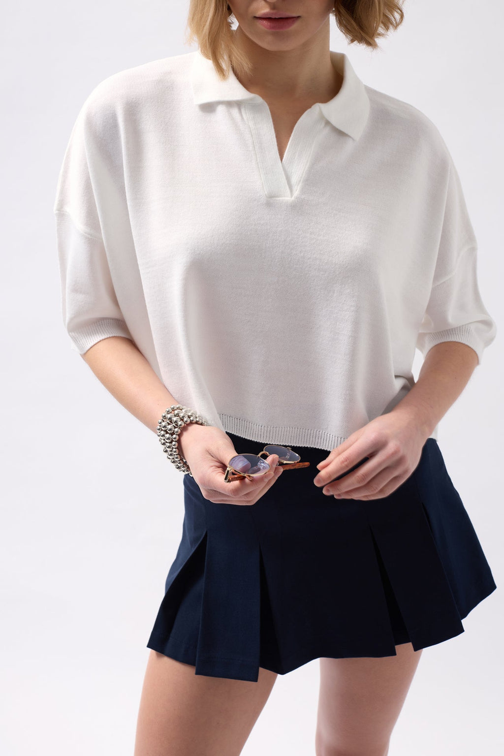 Polo Collar Crop Dokulu White Blouse