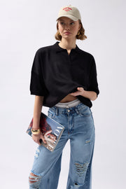 Polo Neck Crop Textured Black Blouse