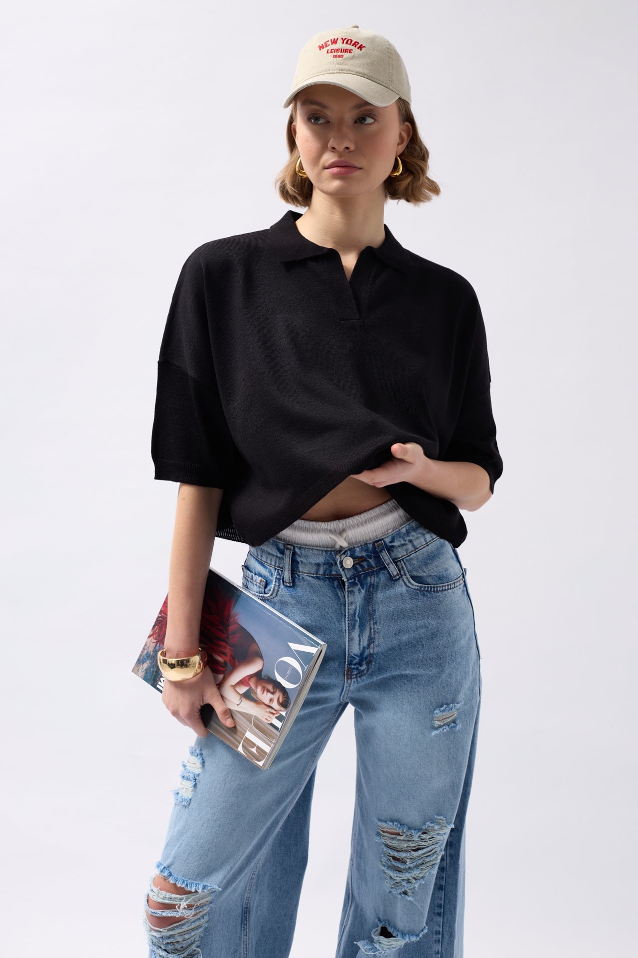 Polo Collar Textured Crop Black Blouse