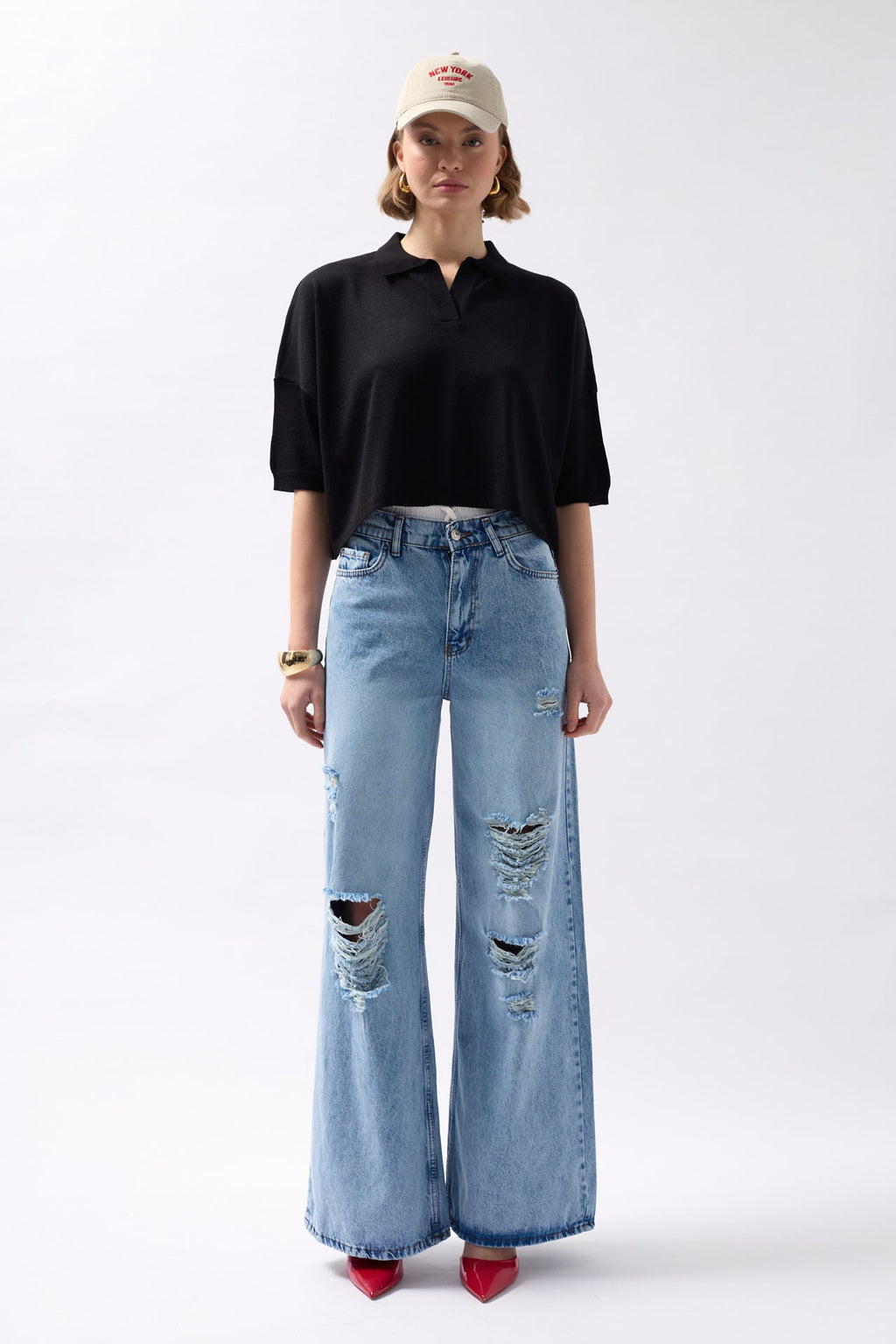 Polo Collar Textured Crop Black Blouse