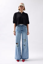 Polo Collar Textured Crop Black Blouse
