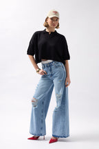 Polo Collar Textured Crop Black Blouse