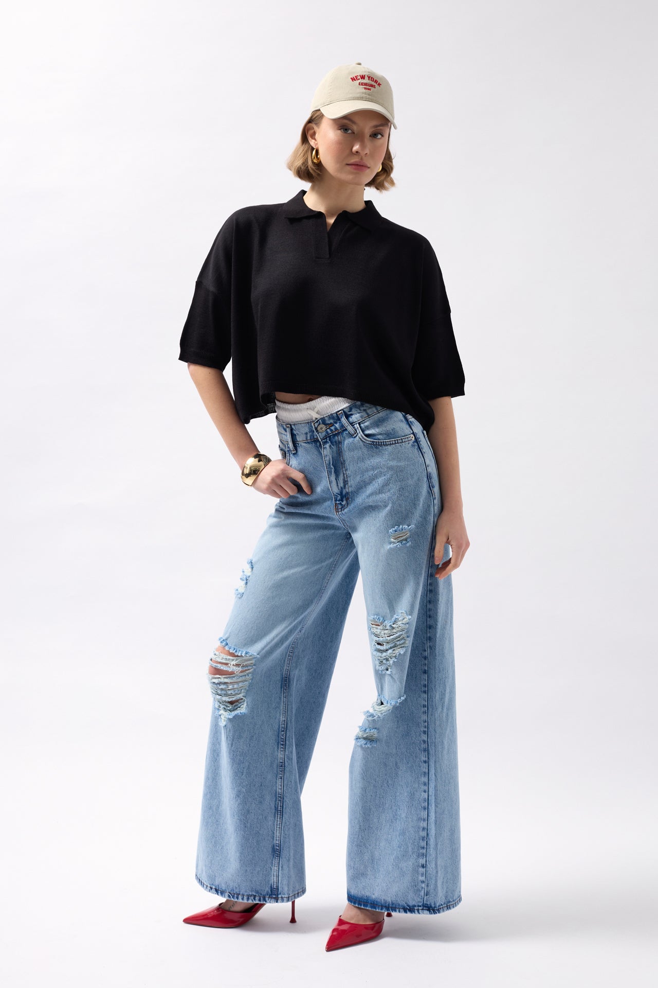 Polo Collar Textured Crop Black Blouse