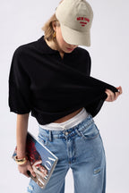 Polo Collar Textured Crop Black Blouse