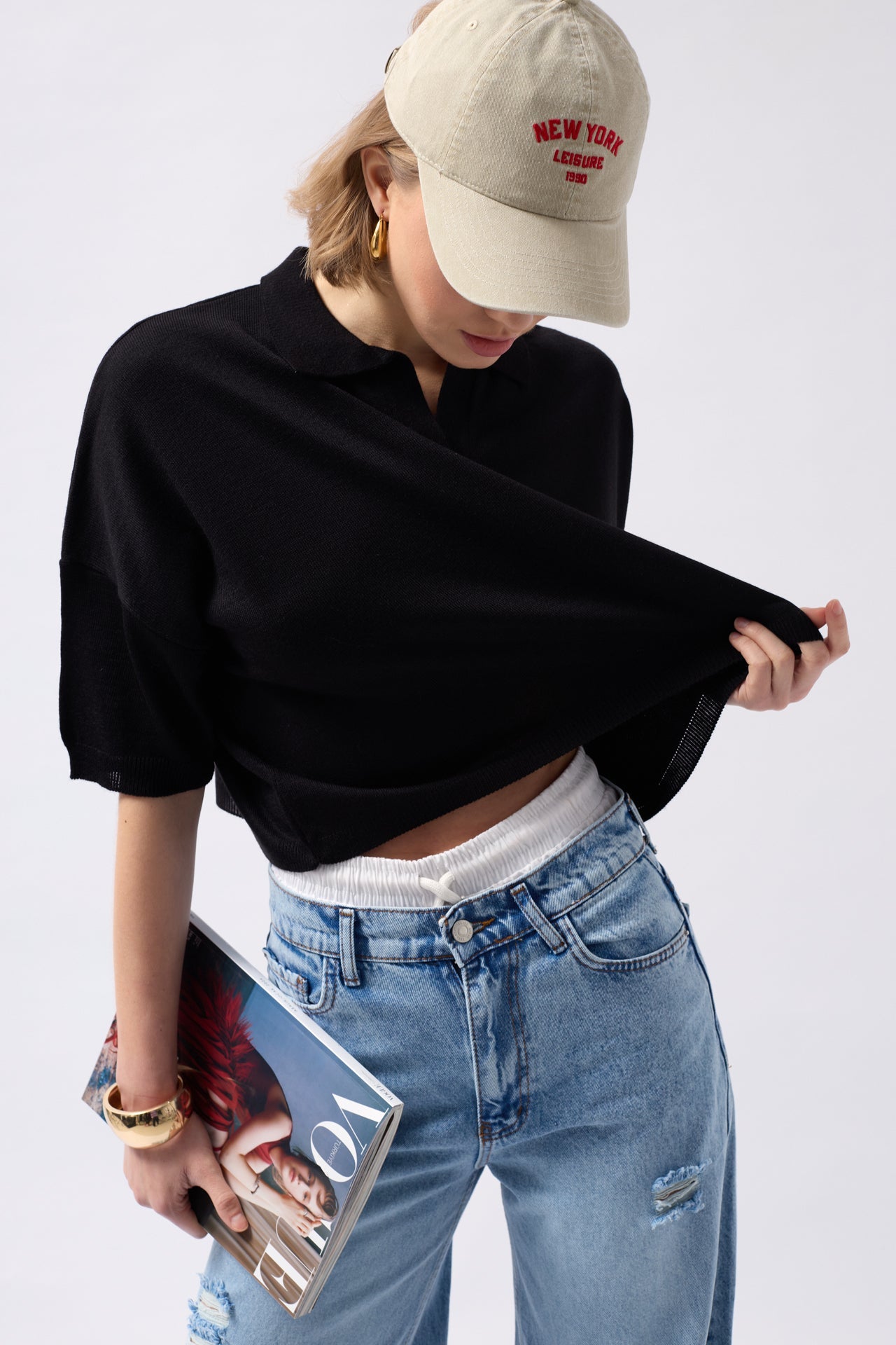 Polo Collar Textured Crop Black Blouse