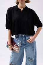 Polo Collar Textured Crop Black Blouse