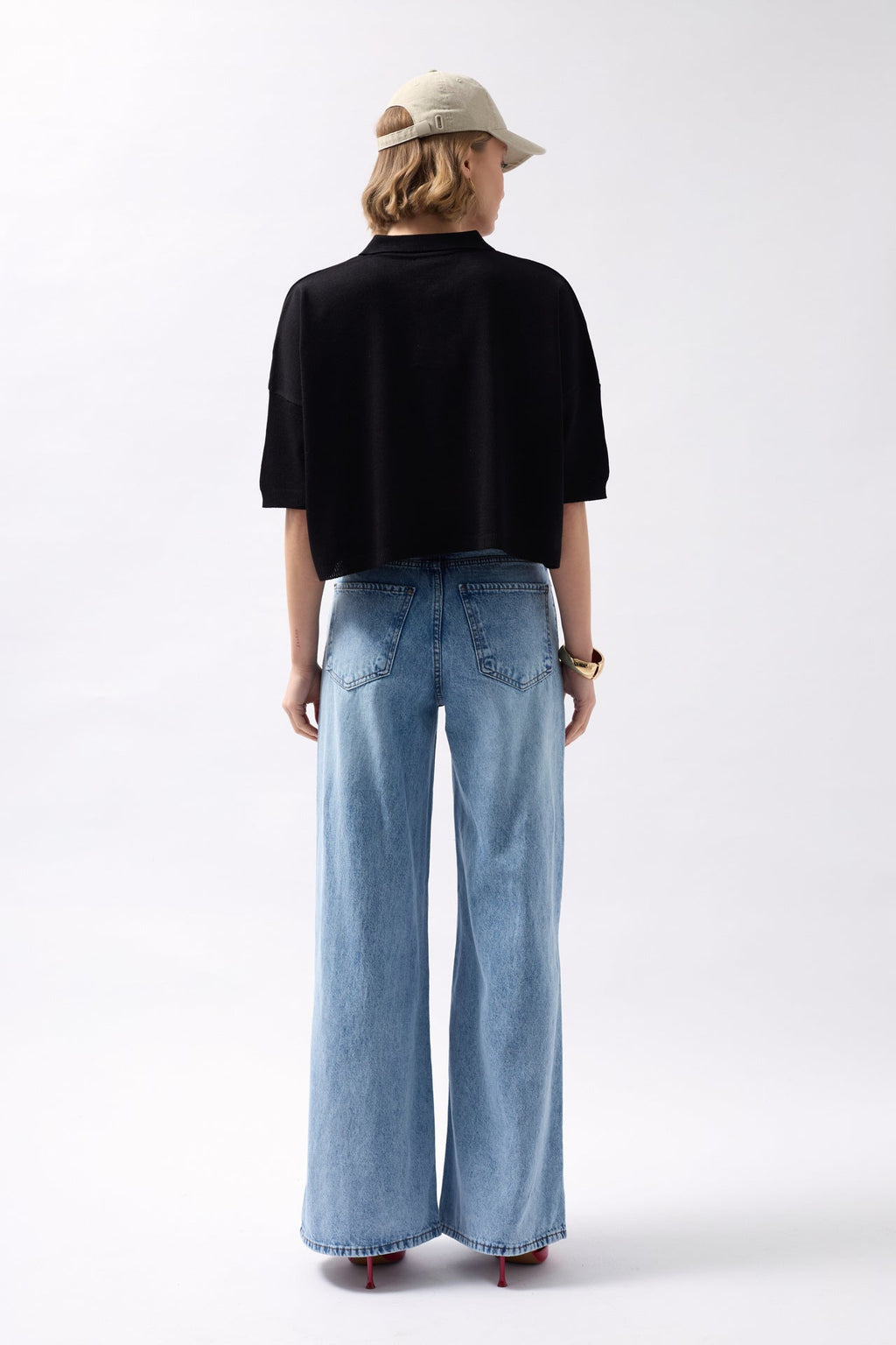 Polo Collar Textured Crop Black Blouse