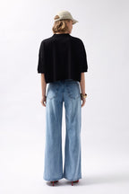 Polo Collar Textured Crop Black Blouse