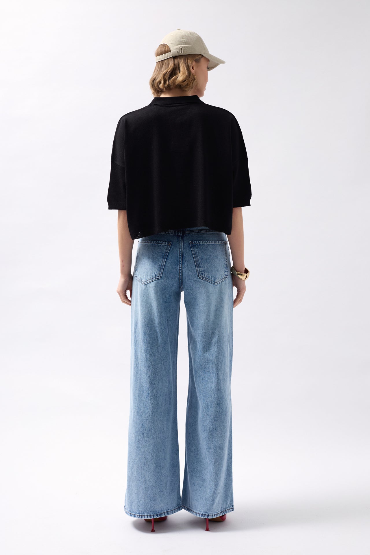 Polo Collar Textured Crop Black Blouse
