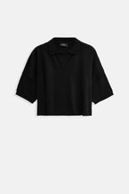 Polo Collar Textured Crop Black Blouse