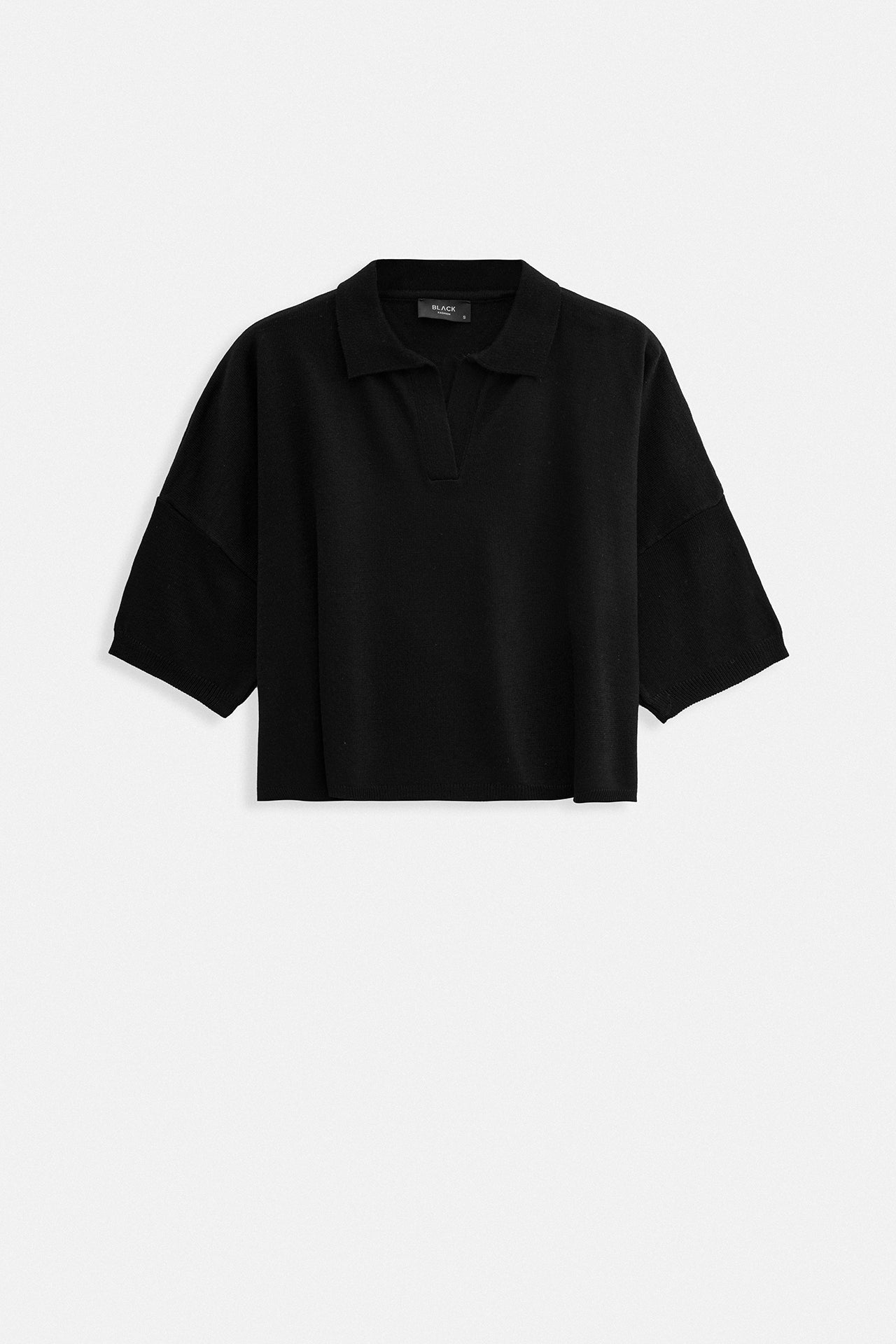 Polo Collar Textured Crop Black Blouse