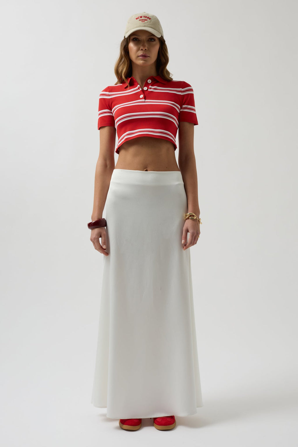 Polo Collar Crop Red T-Shirt