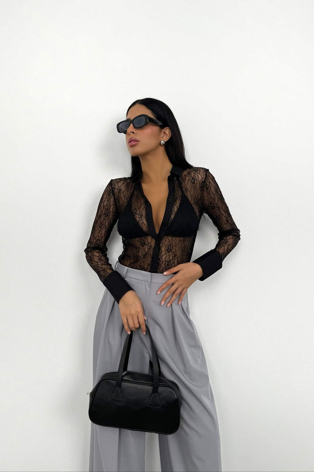 Polo Collar Lace Black Blouse