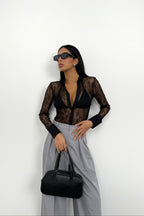 Polo Collar Lace Black Blouse
